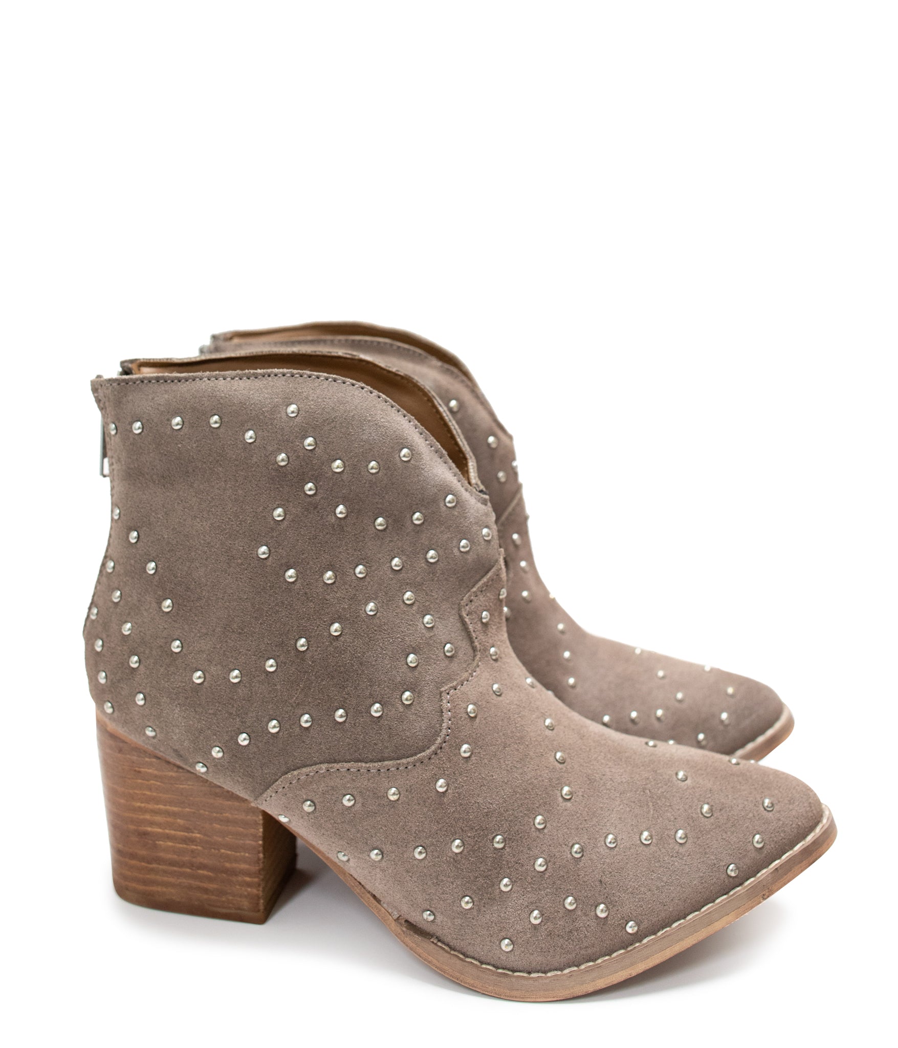 Taupe Studded Heeled Ankle Boots With 2.5 Inch Heel Naughty Monkey