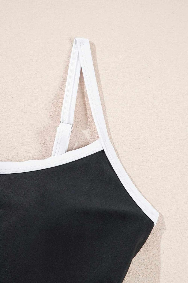Two-Tone Black Belted One-Piece Swimsuit with Contrast Trim - Love Salve 