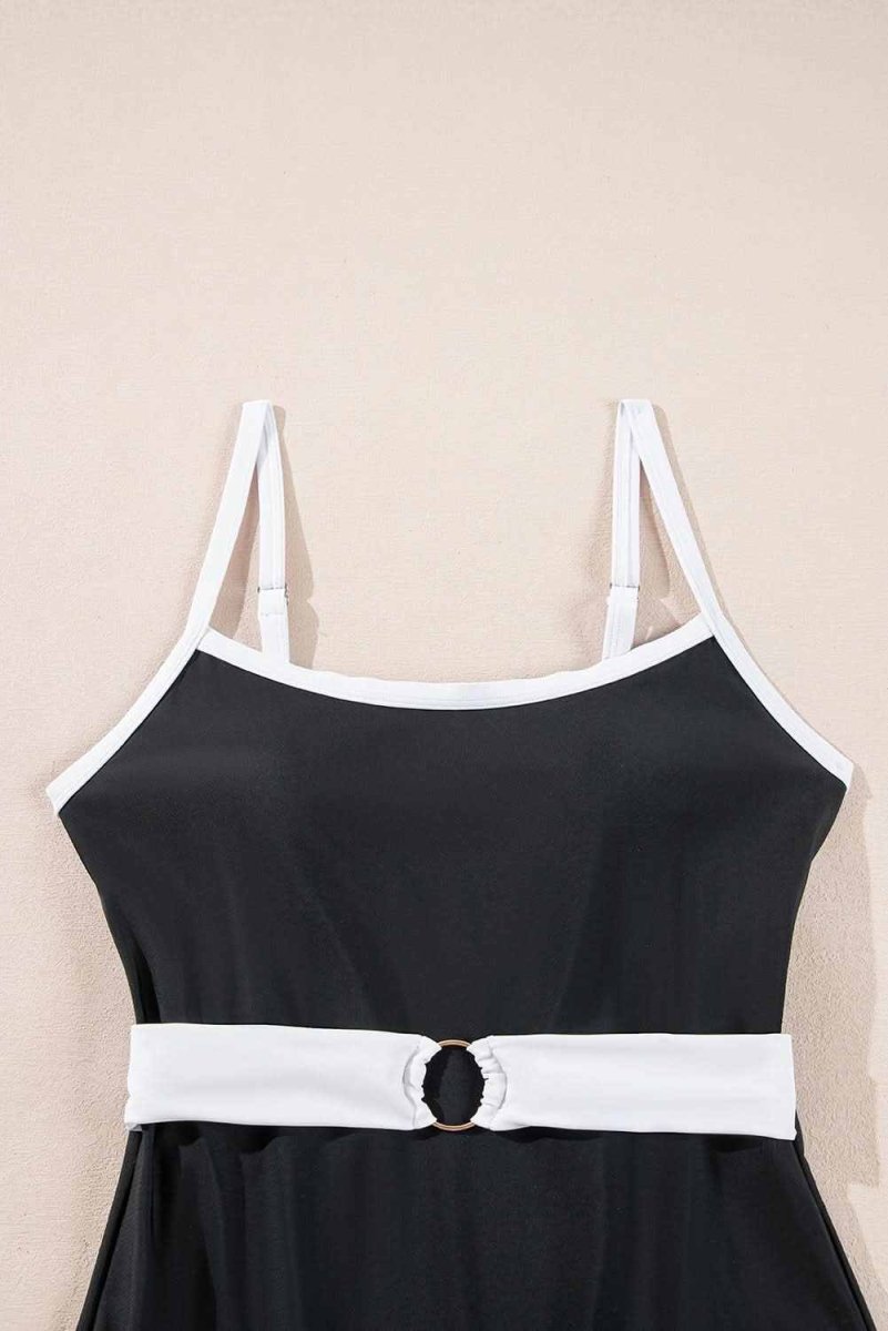 Two-Tone Black Belted One-Piece Swimsuit with Contrast Trim - Love Salve 