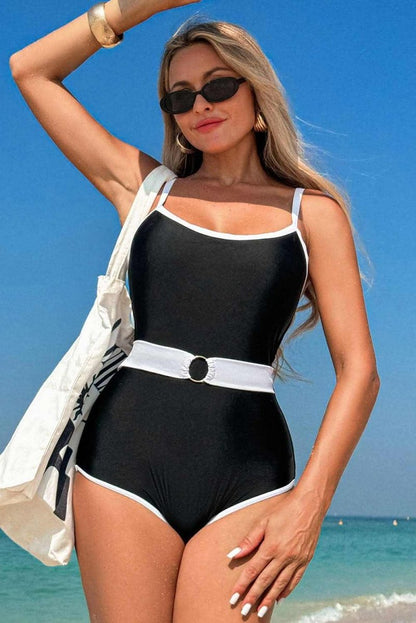 Two-Tone Black Belted One-Piece Swimsuit with Contrast Trim - Love Salve 