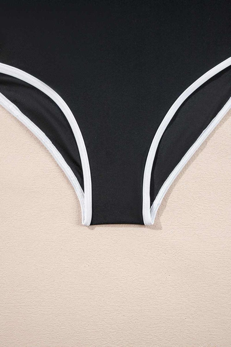 Two-Tone Black Belted One-Piece Swimsuit with Contrast Trim - Love Salve 
