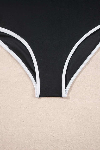 Two-Tone Black Belted One-Piece Swimsuit with Contrast Trim - Love Salve 
