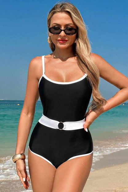 Two-Tone Black Belted One-Piece Swimsuit with Contrast Trim - Love Salve 