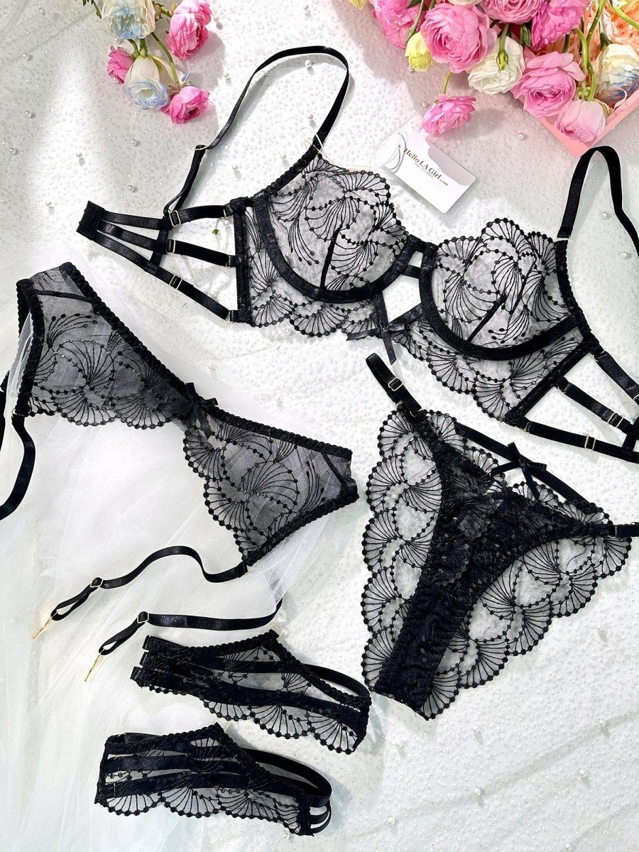 Ultra - Thin Sheer Black Embroidery Lingerie Set - Love Salve