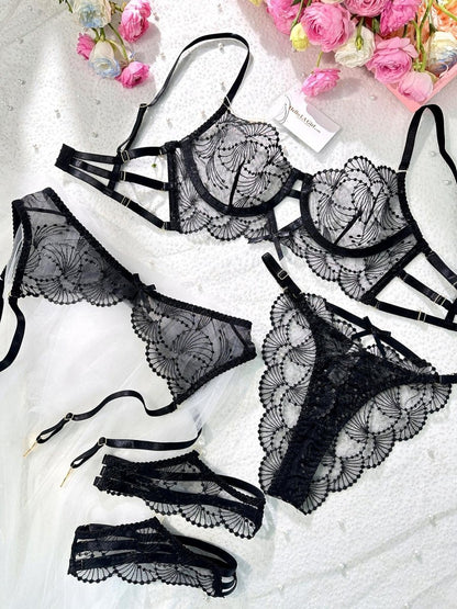 Ultra - Thin Sheer Black Embroidery Lingerie Set - Love Salve
