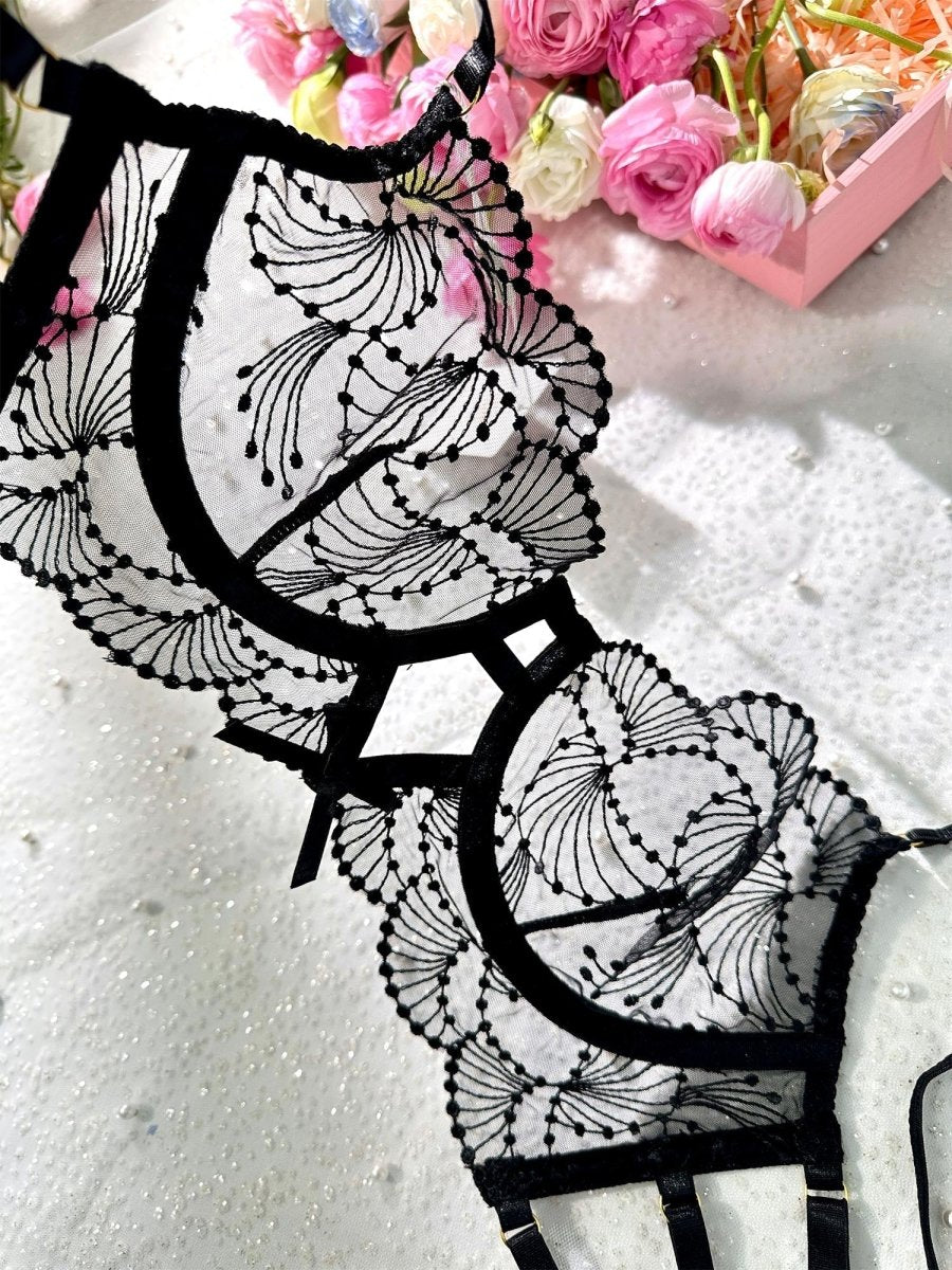 Ultra - Thin Sheer Black Embroidery Lingerie Set - Love Salve