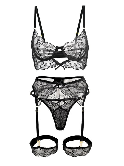 Ultra - Thin Sheer Black Embroidery Lingerie Set - Love Salve