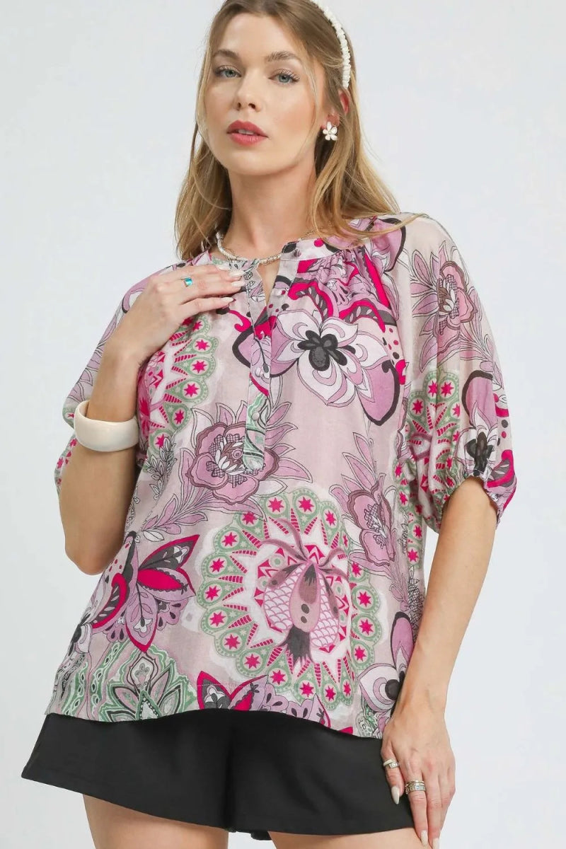 Umgee Floral Print Half Sleeve Blouse - Love Salve