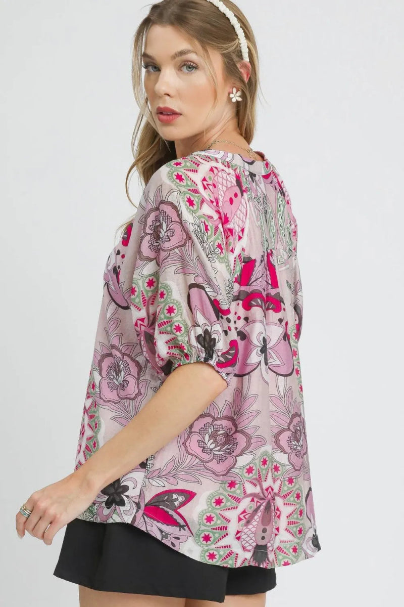 Umgee Floral Print Half Sleeve Blouse - Love Salve
