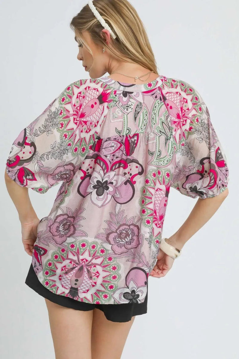 Umgee Floral Print Half Sleeve Blouse - Love Salve