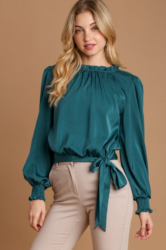 Umgee Frill Tied Hem Long Sleeve Blouse for Women - Love Salve 
