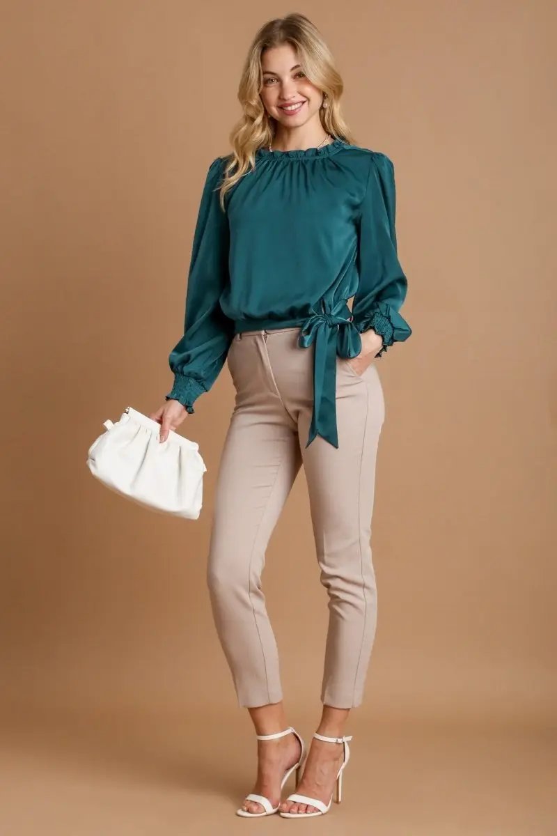 Umgee Frill Tied Hem Long Sleeve Blouse for Women - Love Salve 