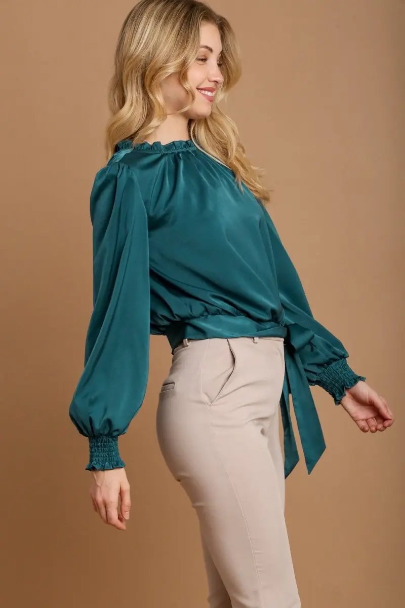 Umgee Frill Tied Hem Long Sleeve Blouse for Women - Love Salve 