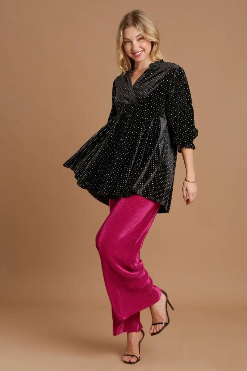 Umgee Full Size Beaded Frill Flounce Sleeve Velvet Blouse - Love Salve 