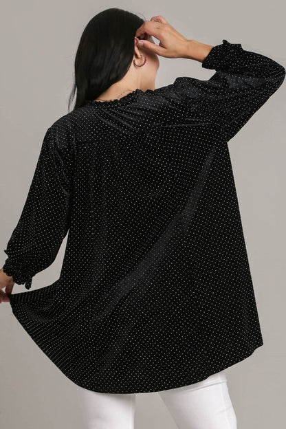 Umgee Full Size Beaded Frill Flounce Sleeve Velvet Blouse - Love Salve 