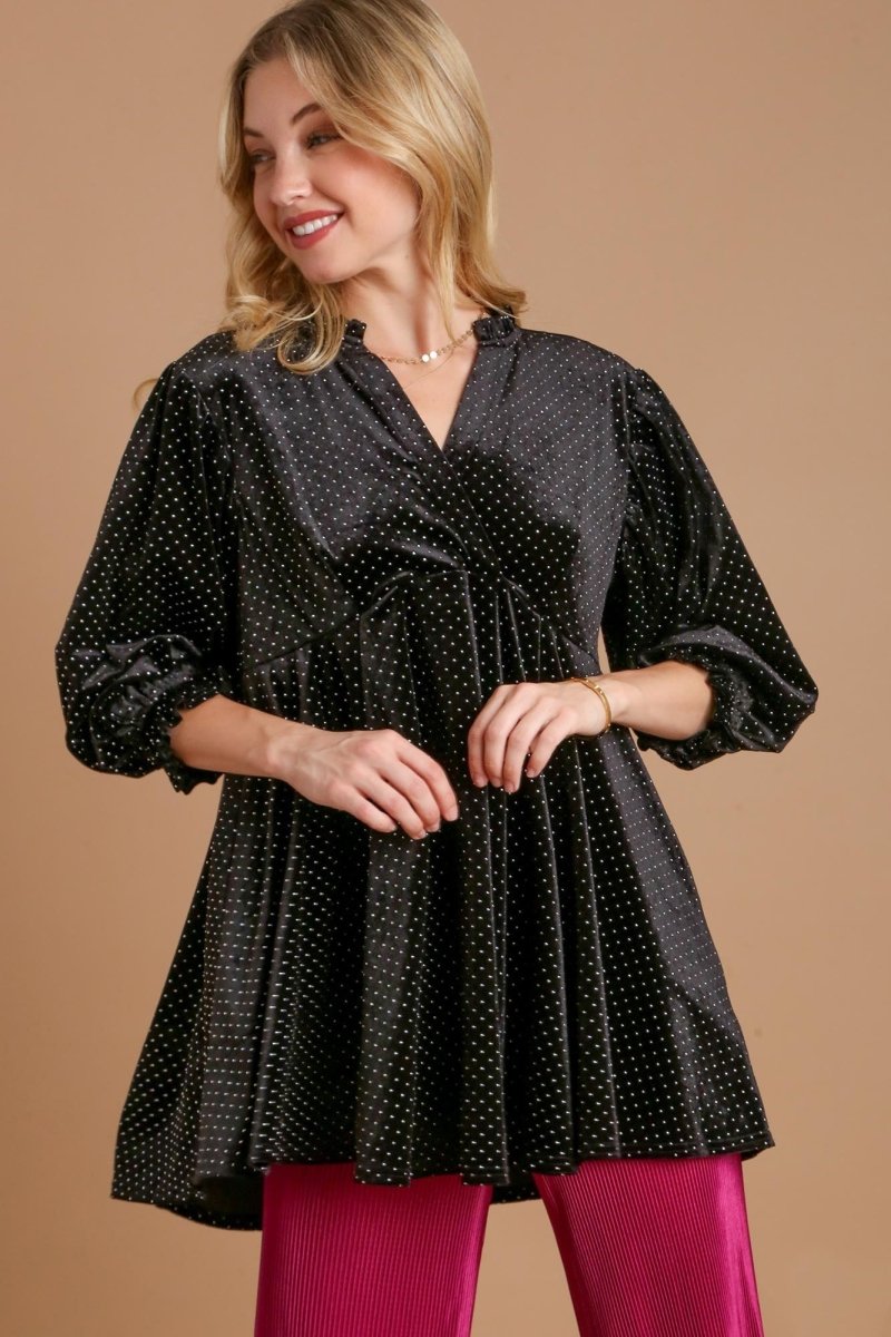 Umgee Full Size Beaded Frill Flounce Sleeve Velvet Blouse - Love Salve 