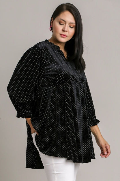 Umgee Full Size Beaded Frill Flounce Sleeve Velvet Blouse - Love Salve 