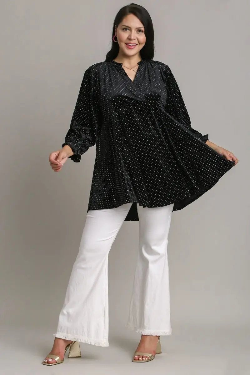 Umgee Full Size Beaded Frill Flounce Sleeve Velvet Blouse - Love Salve 