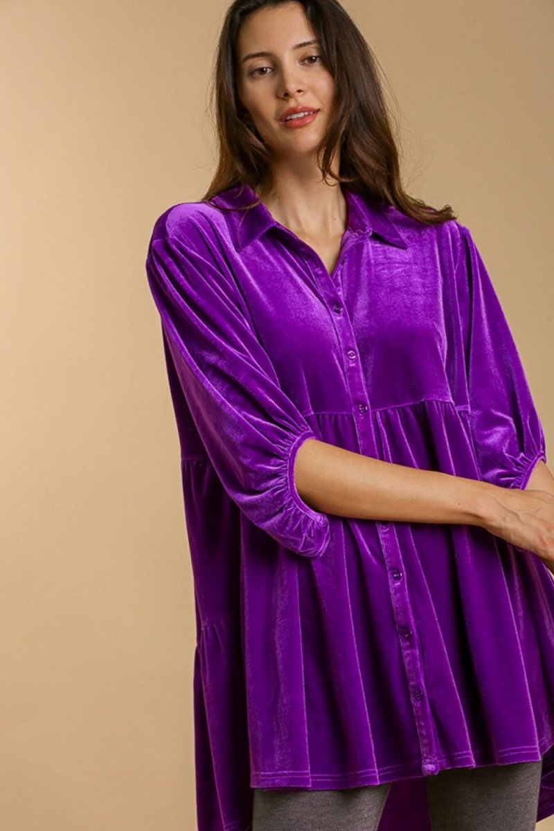 Umgee Full Size Button Down Tiered Back High Low Shirt - Love Salve 