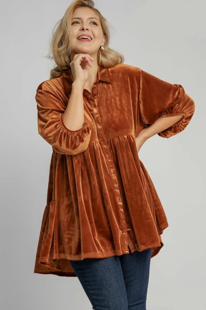 Umgee Full Size Button Down Tiered Back High Low Shirt - Love Salve 
