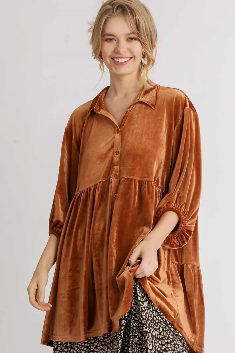 Umgee Full Size Button Down Tiered Back High Low Shirt - Love Salve 