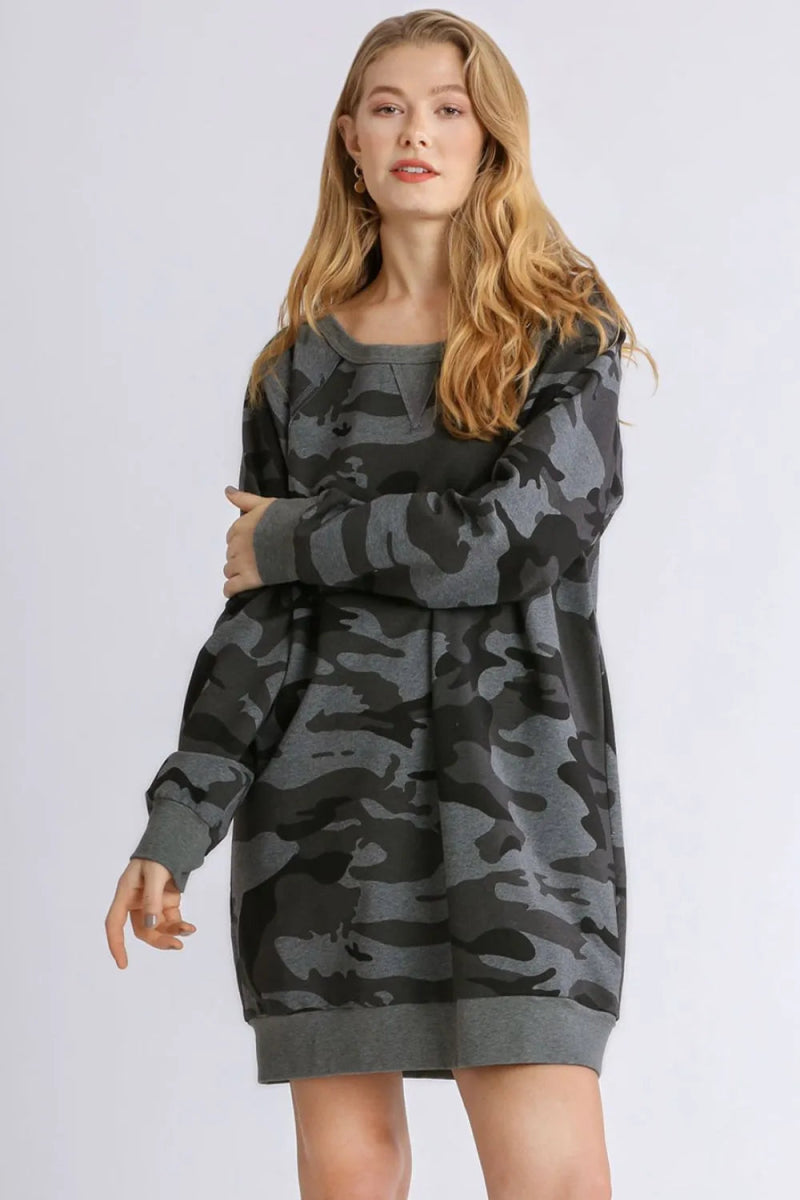 Umgee Full Size Camo Print Ribbed Hem French Terry Mini Dress Plus Size - Love Salve 