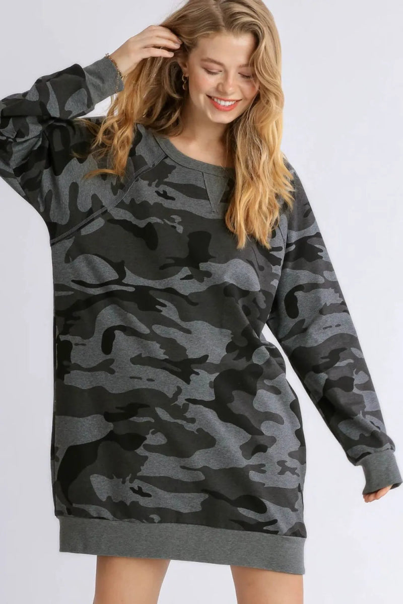 Umgee Full Size Camo Print Ribbed Hem French Terry Mini Dress Plus Size - Love Salve 