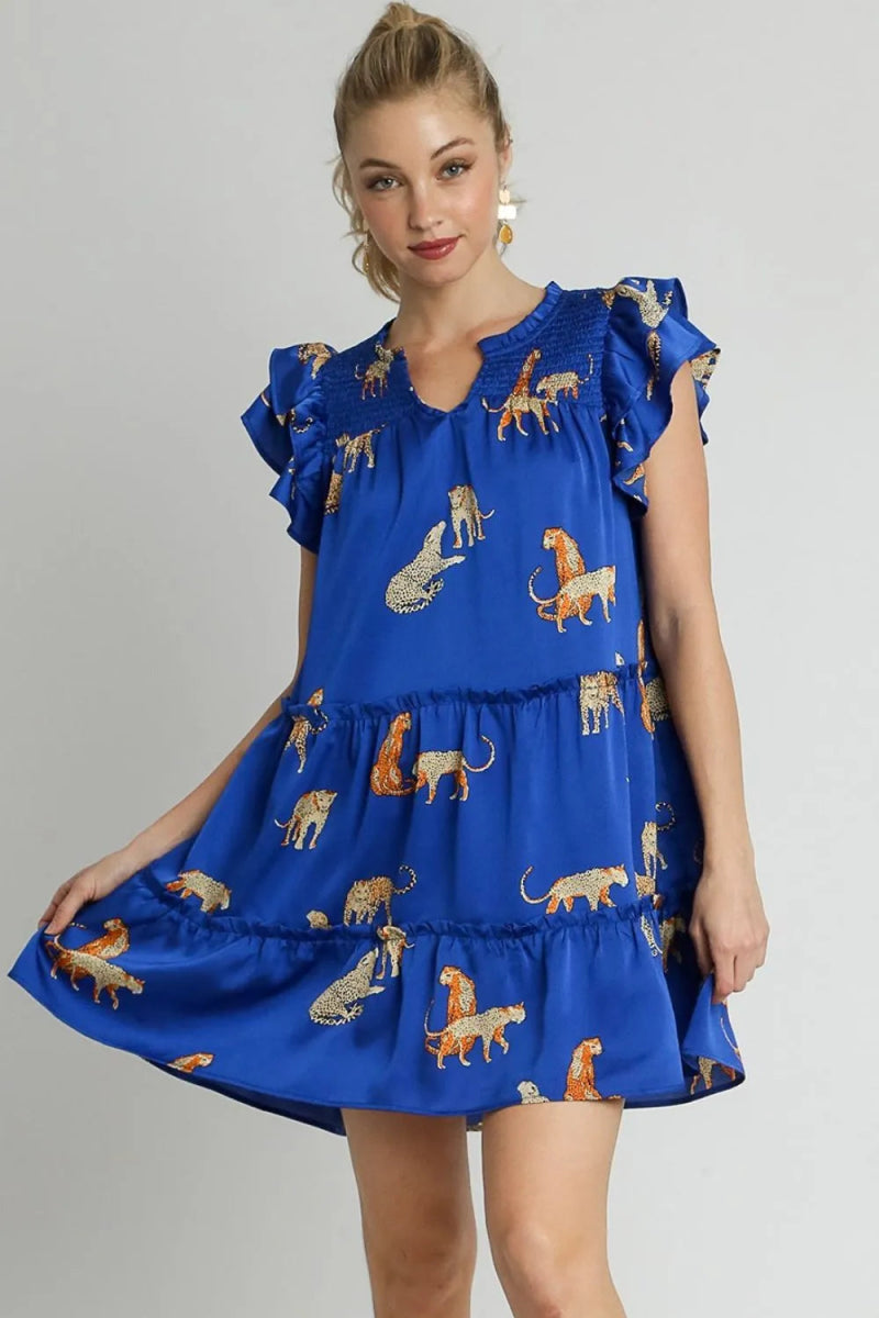 Umgee Full Size Cheetah Print Notched Ruffle Mini Dress - Love Salve 