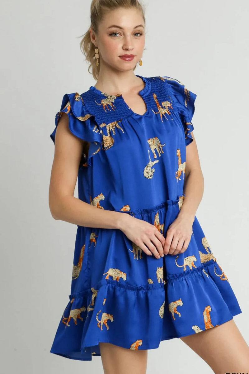 Umgee Full Size Cheetah Print Notched Ruffle Mini Dress - Love Salve 