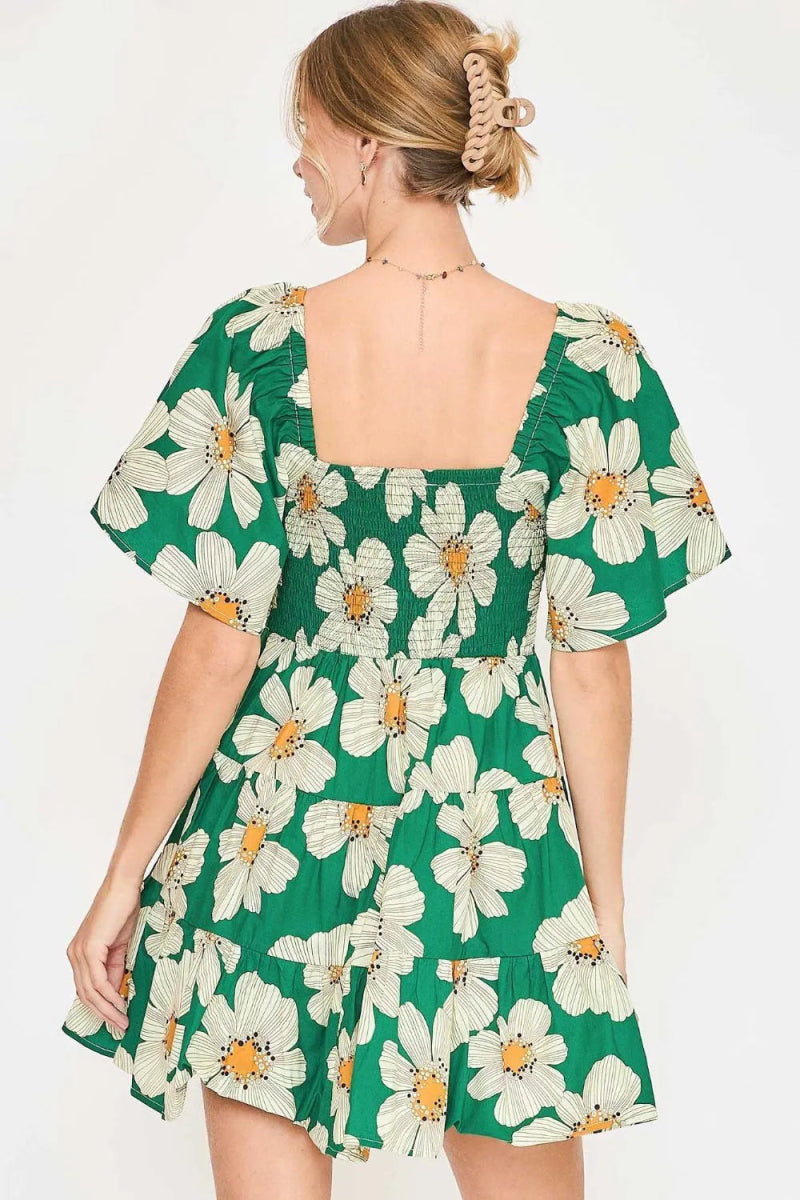 Umgee Full Size Daisy Print Mini Dress with Ribbon Details Plus Size - Love Salve 