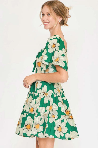 Umgee Full Size Daisy Print Mini Dress with Ribbon Details Plus Size - Love Salve 