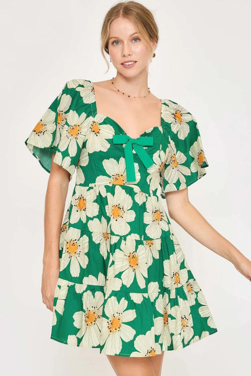 Umgee Full Size Daisy Print Mini Dress with Ribbon Details Plus Size - Love Salve 