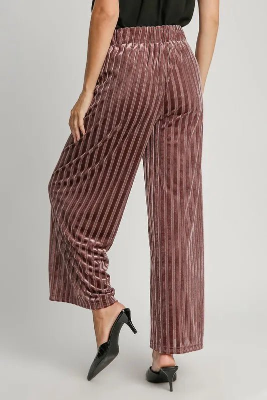 Umgee Full Size Elastic Waist Striped Wide Leg Velvet Pants - Love Salve 