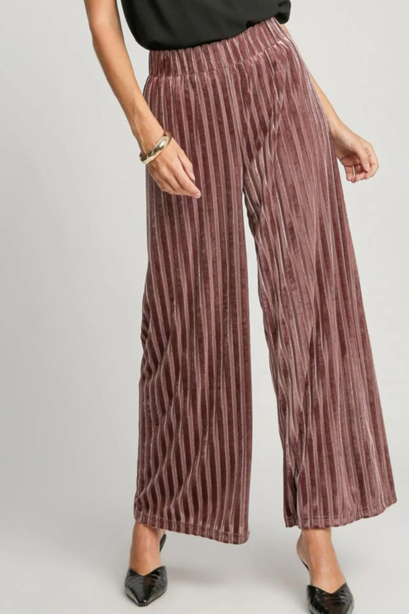 Umgee Full Size Elastic Waist Striped Wide Leg Velvet Pants - Love Salve 