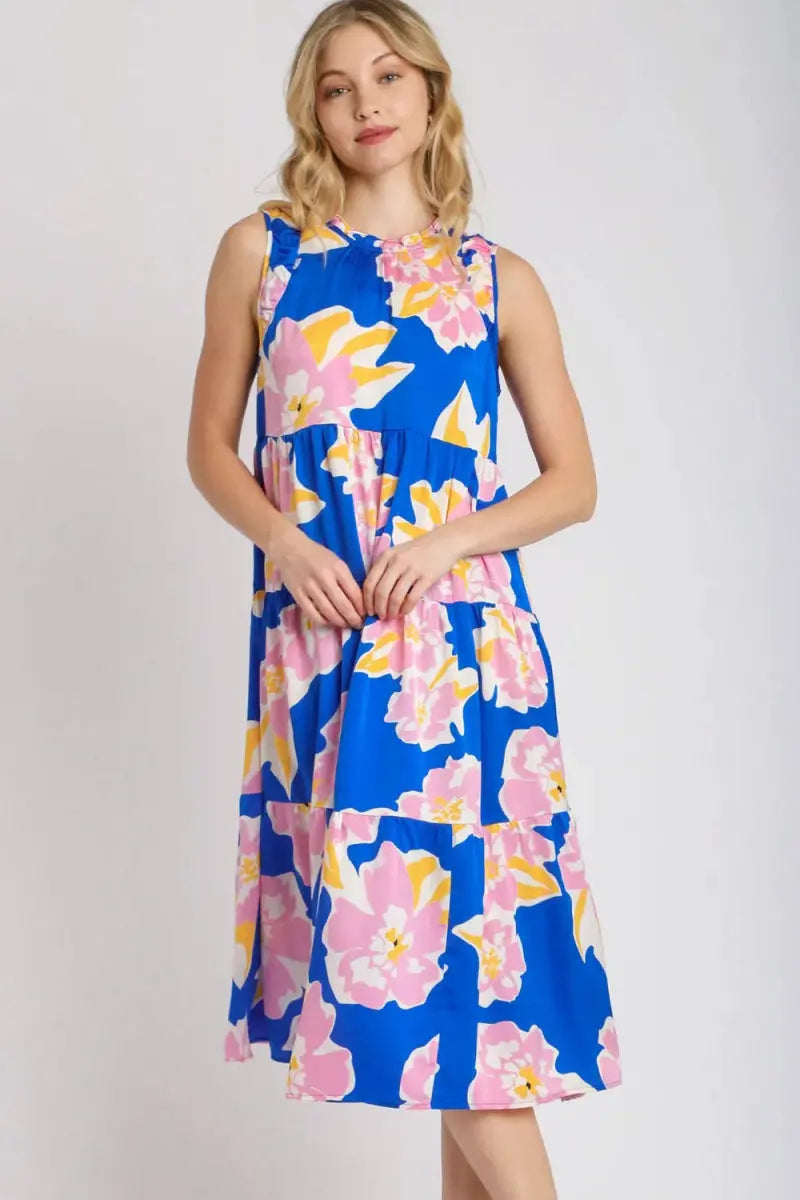 Umgee Full Size Floral Tiered Midi Tank Dress Plus Size - Love Salve 