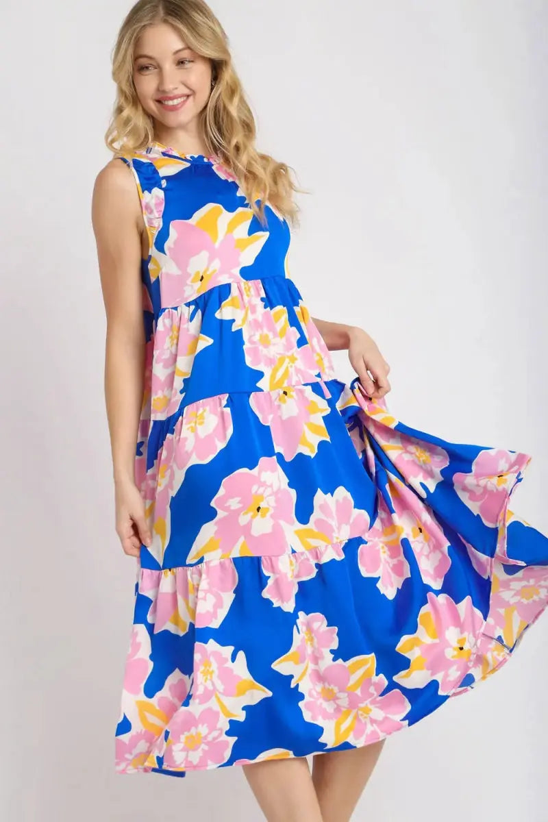 Umgee Full Size Floral Tiered Midi Tank Dress Plus Size - Love Salve 