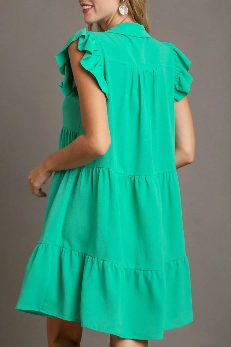 Umgee Full Size Johnny Collar Ruffle Cap Sleeve Dress Plus Size - Love Salve 