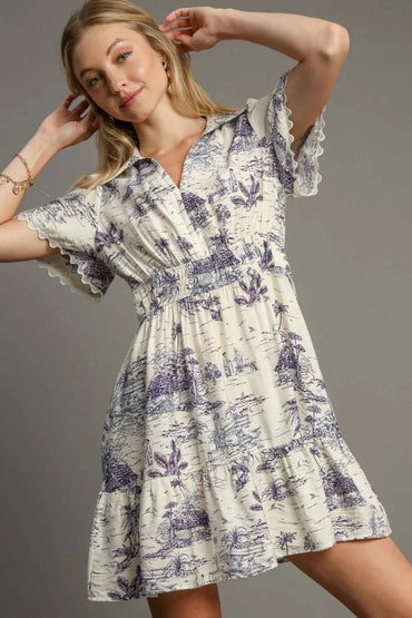 Umgee Full Size Landscape Print Collared Mini Dress Plus Size - Love Salve 