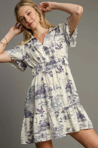 Umgee Full Size Landscape Print Collared Mini Dress Plus Size - Love Salve 