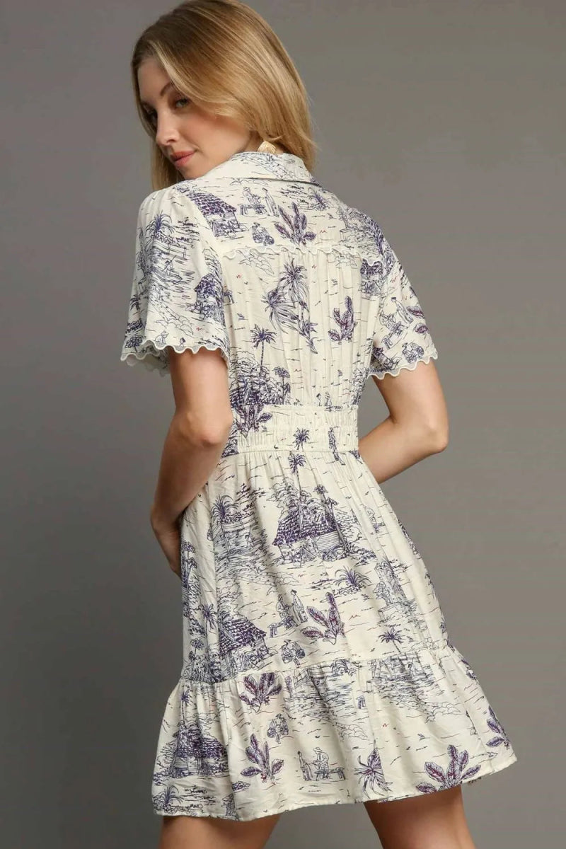 Umgee Full Size Landscape Print Collared Mini Dress Plus Size - Love Salve 