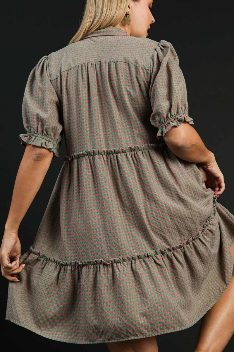 Umgee Full Size Plaid Frill Button Detail Ruffled Dress - Love Salve 