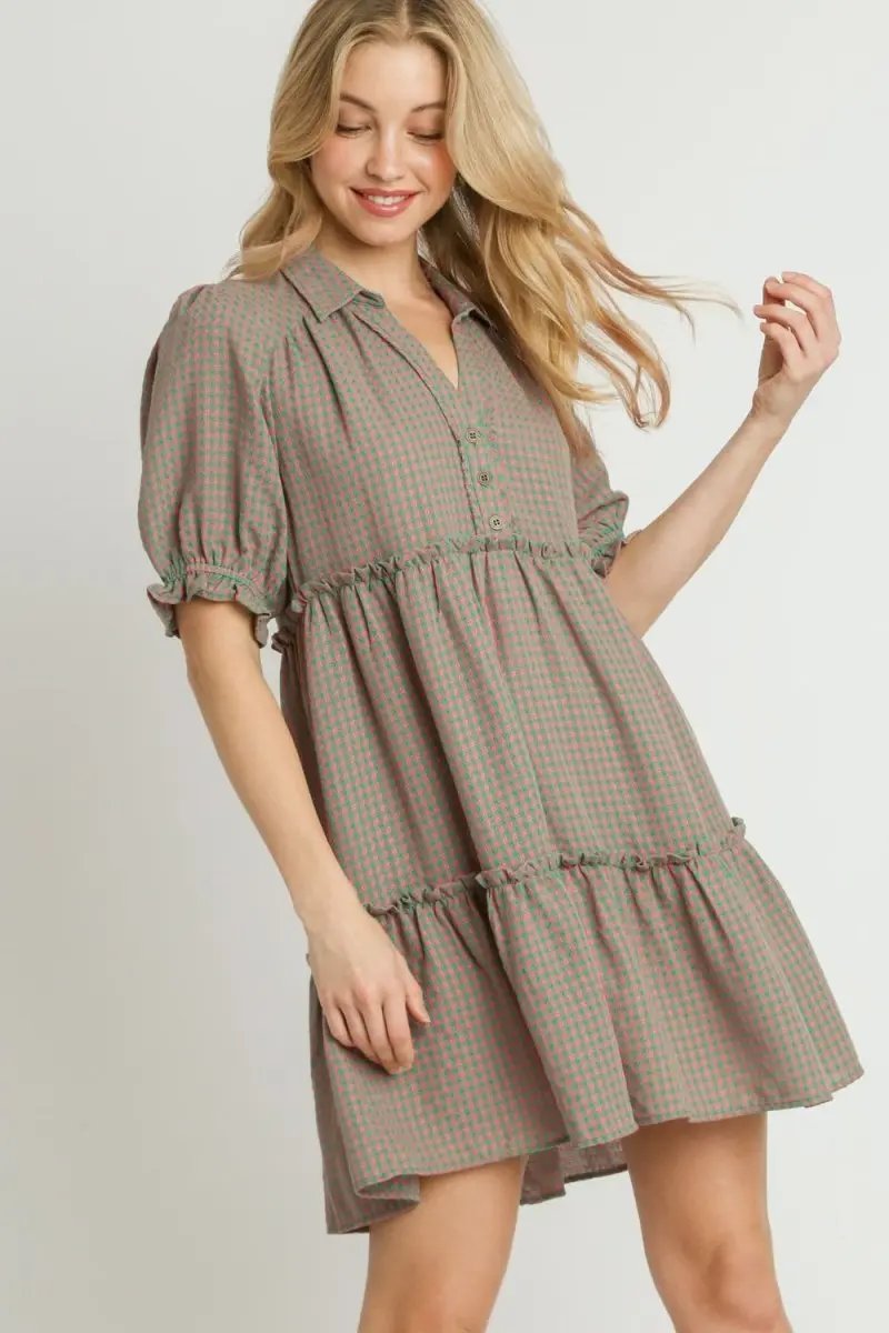 Umgee Full Size Plaid Frill Button Detail Ruffled Dress - Love Salve 
