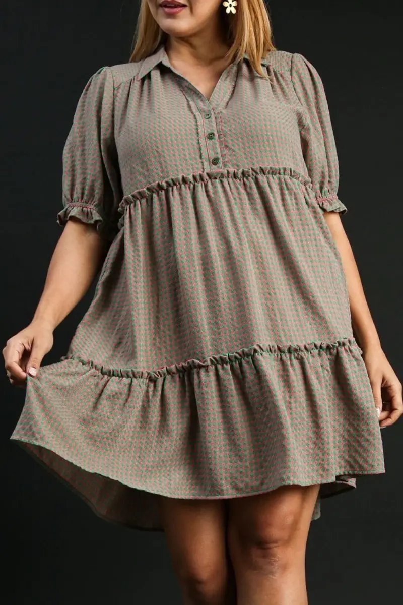 Umgee Full Size Plaid Frill Button Detail Ruffled Dress - Love Salve 