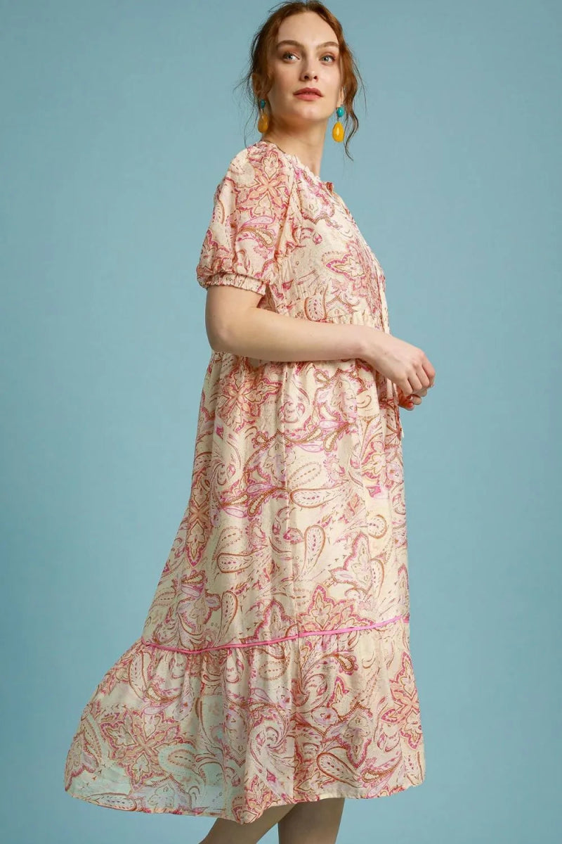 Umgee Full Size Printed Puff Short Sleeve Midi Dress Plus Size - Love Salve 