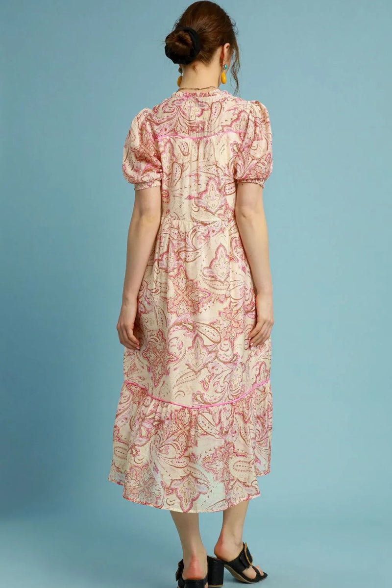 Umgee Full Size Printed Puff Short Sleeve Midi Dress Plus Size - Love Salve 