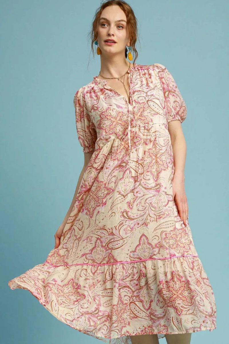 Umgee Full Size Printed Puff Short Sleeve Midi Dress Plus Size - Love Salve 