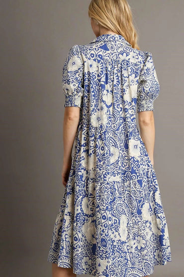 Umgee Full Size Printed Smocked Cuff Puff Sleeve Midi Dress - Love Salve