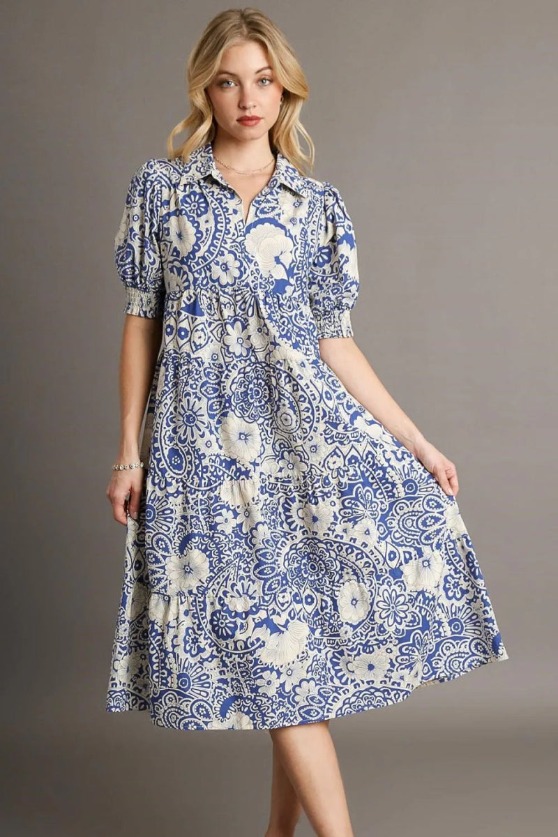 Umgee Full Size Printed Smocked Cuff Puff Sleeve Midi Dress - Love Salve