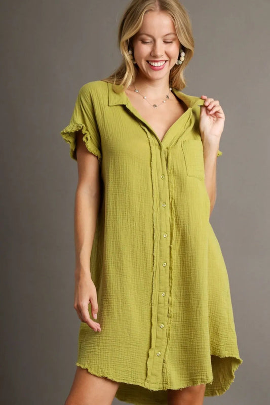 Umgee Full Size Raw Hem Button Down Short Sleeve Gauze Shirt Dress Plus Size - Love Salve 