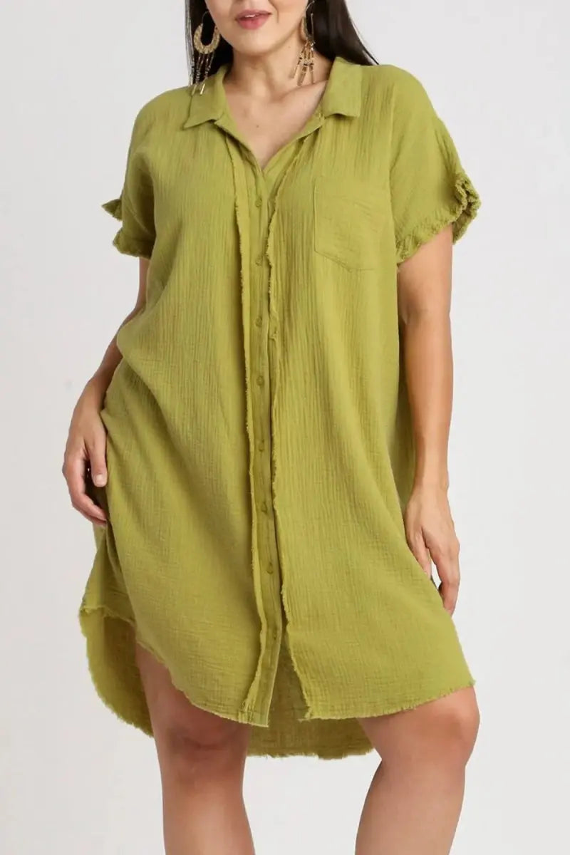 Umgee Full Size Raw Hem Button Down Short Sleeve Gauze Shirt Dress Plus Size - Love Salve 